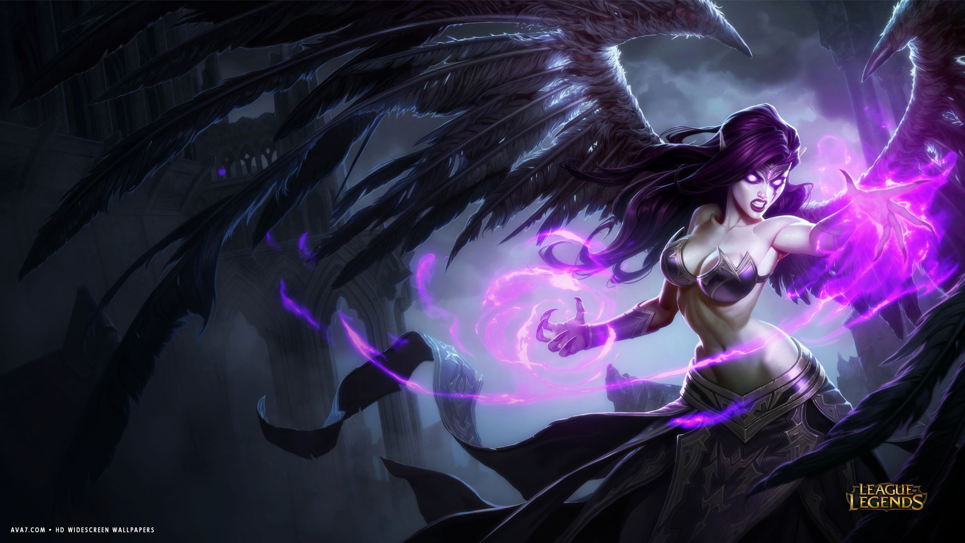 league of legends game lol morgana wings purple evil hd widescreen wallpaper