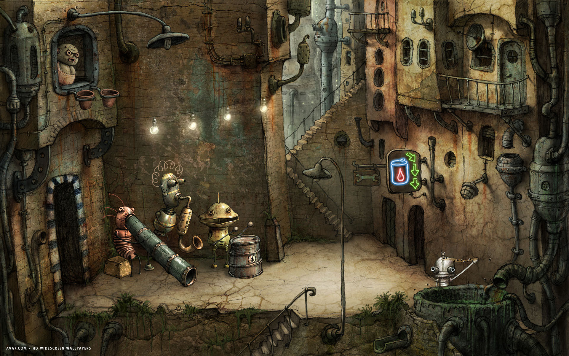 alley robots house street lights machinarium game hd widescreen wallpaper