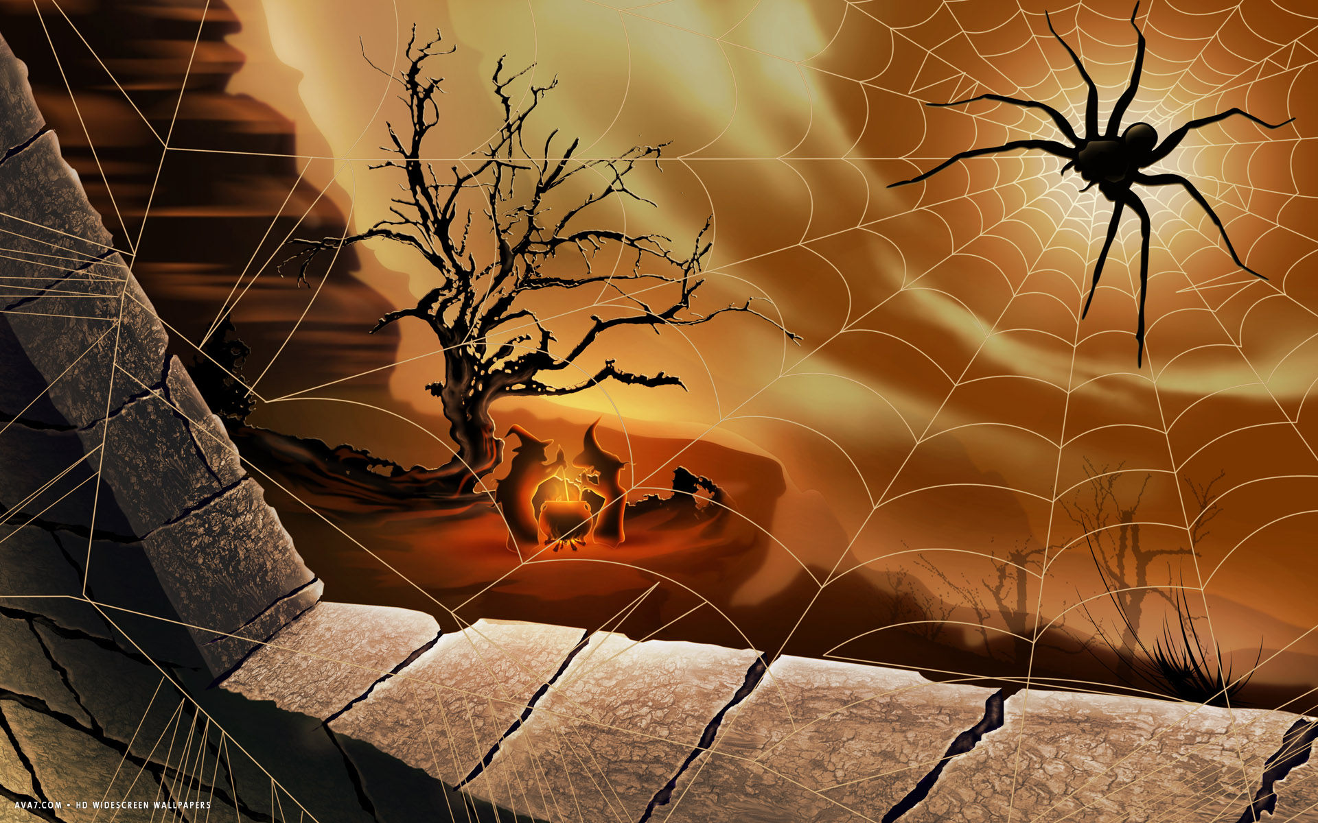 halloween spider net sun witches fire night forest holiday hd widescreen wallpaper