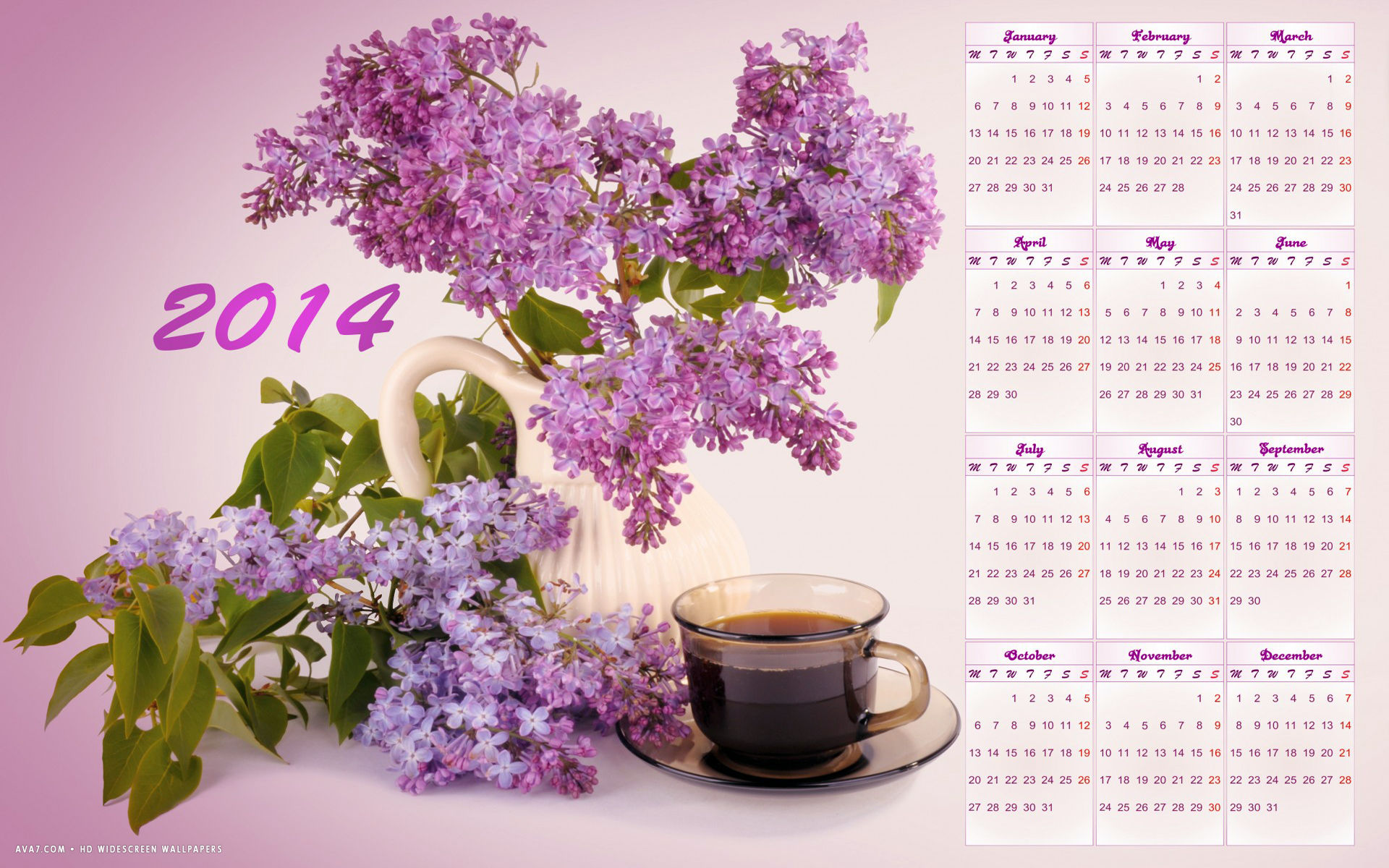 new year 2014 calendar pink lilac flowers coffee holiday hd widescreen wallpaper