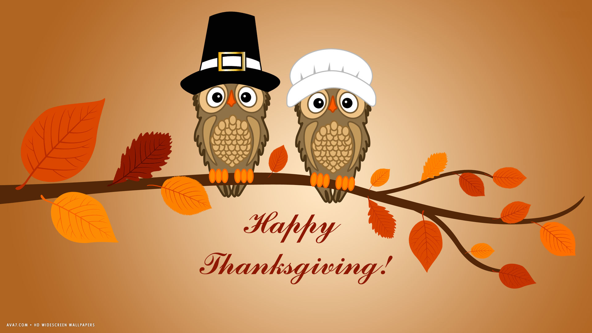 happy thanksgiving two owls branch leaves vector holiday hd widescreen wallpaper