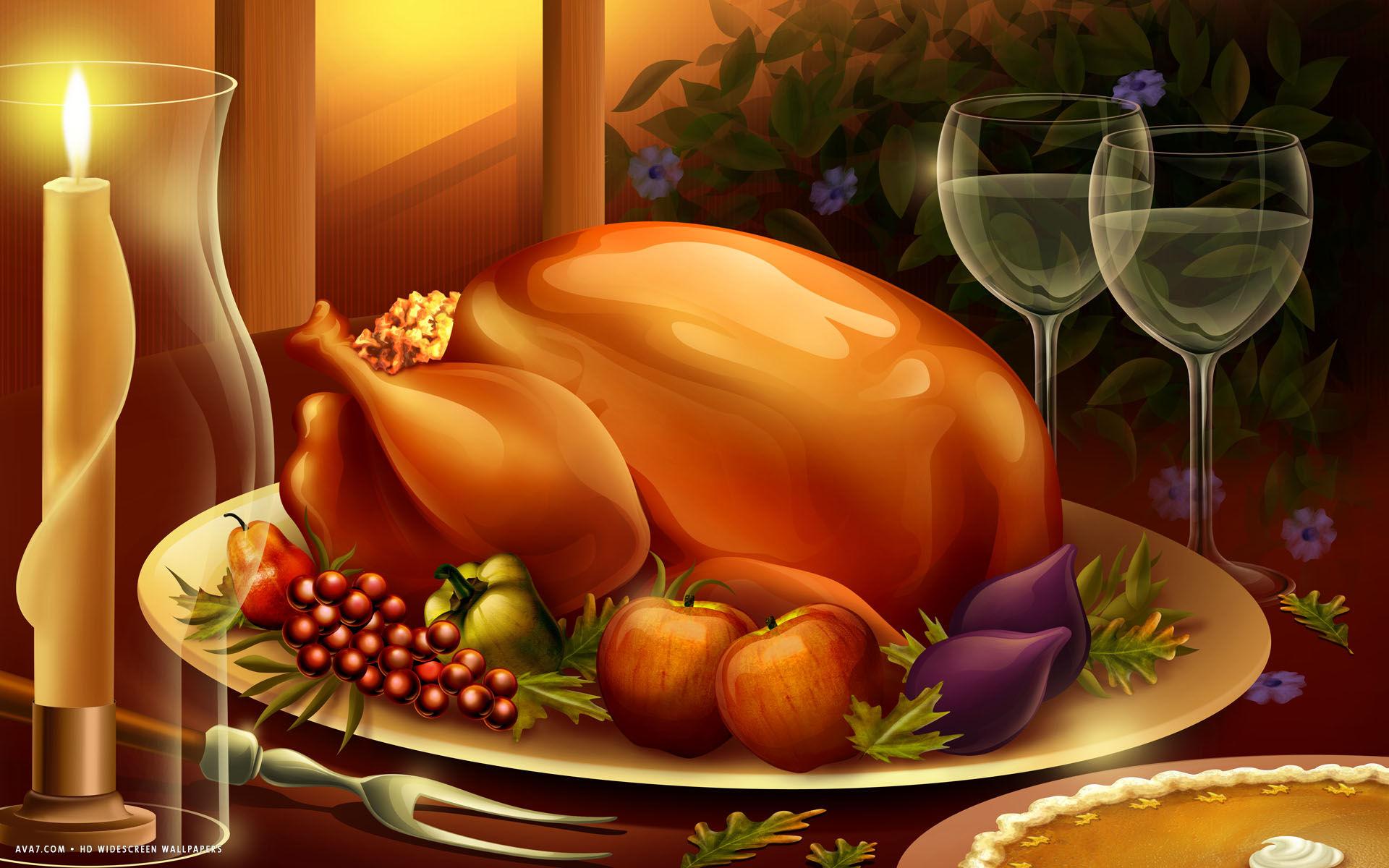 thanksgiving dinner meal large roasted turkey food candles wine pie holiday hd widescreen wallpaper