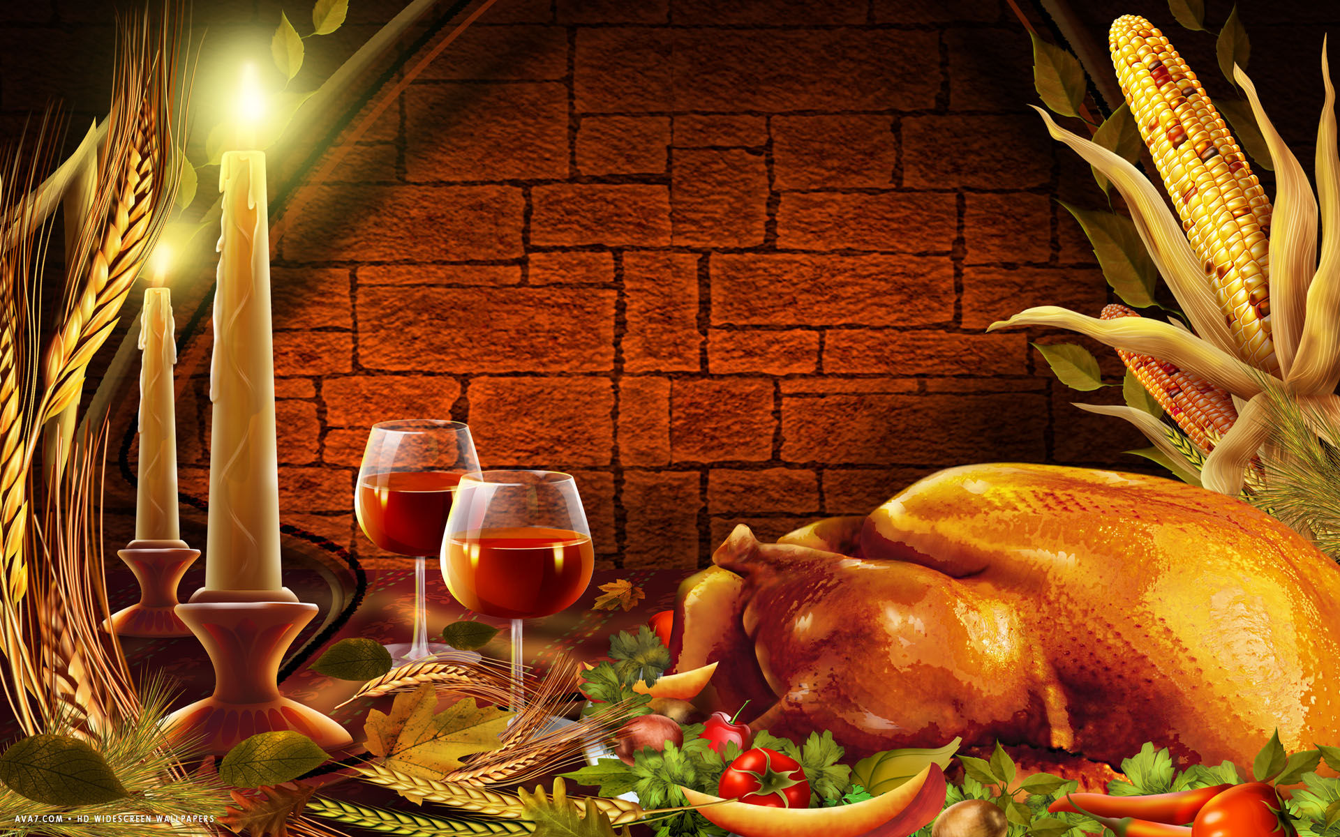 thanksgiving dinner turkey candles wine food holiday hd widescreen wallpaper