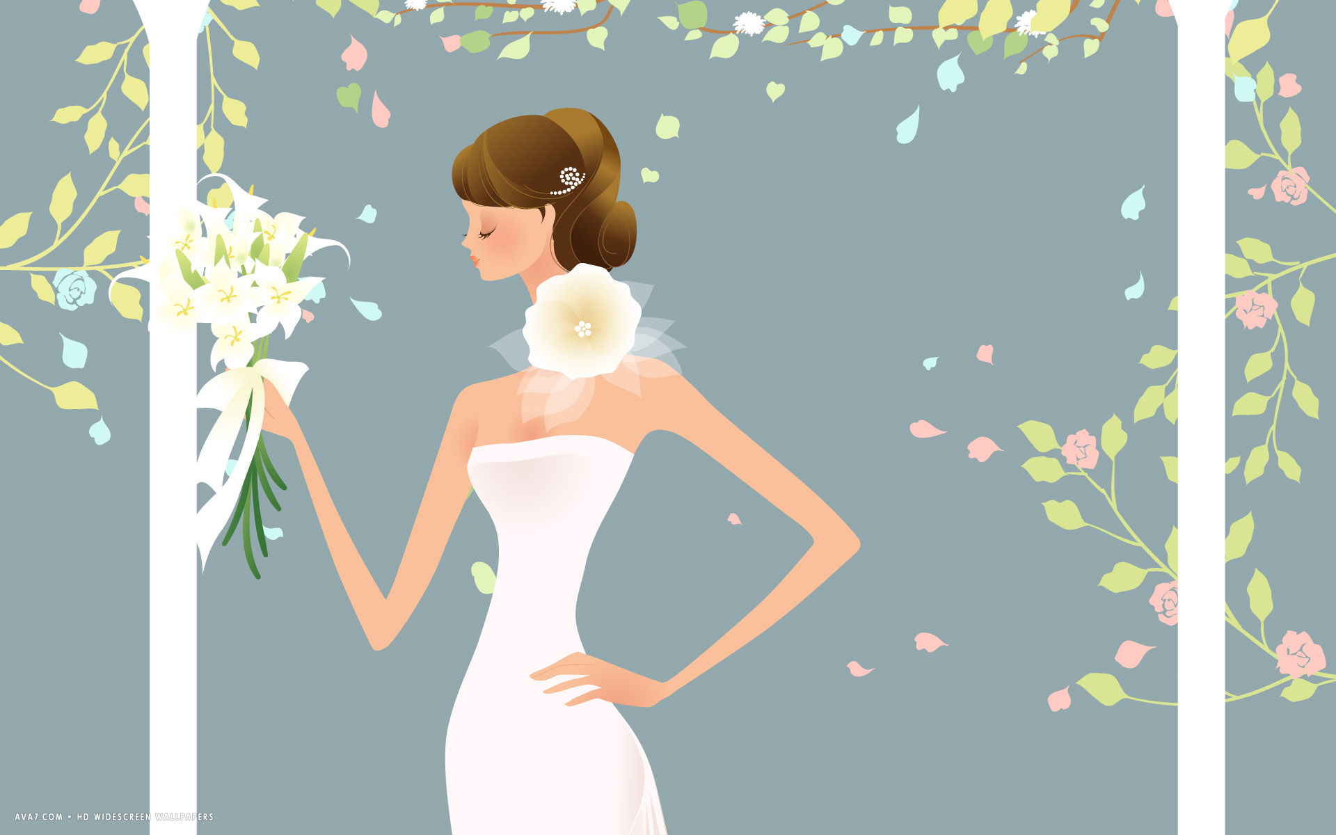 wedding bride white dress vector flowers bouquet hd widescreen wallpaper